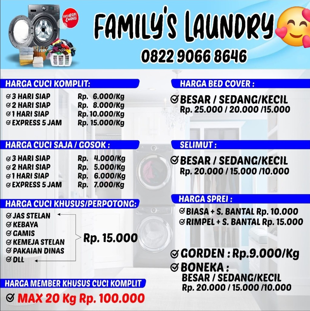 Papan daftar harga resmi Family's Laundry